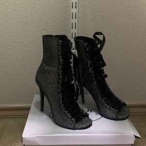Steve Madden Fever Black Glitter Lace-Up Peep-Toe Stiletto Booties